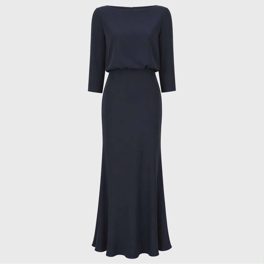 NWT Size 10. 10 Badgley Mischka Navy Minimalistic V-Back Column Gown - Picture 5 of 12